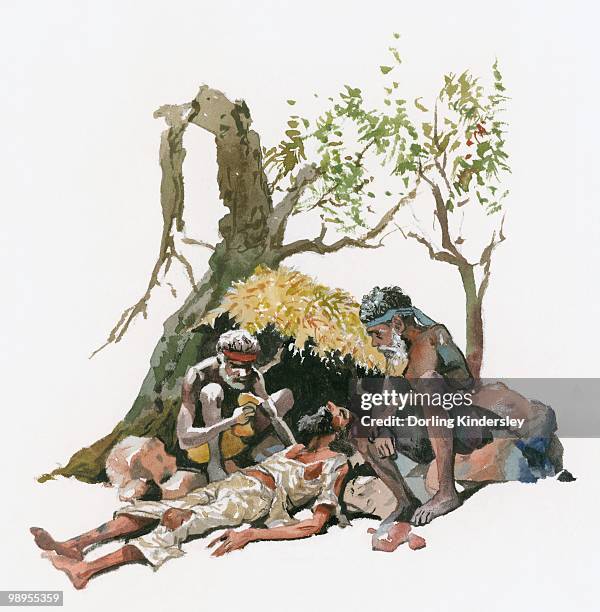 caring for an exhausted man - outback people stock illustrations