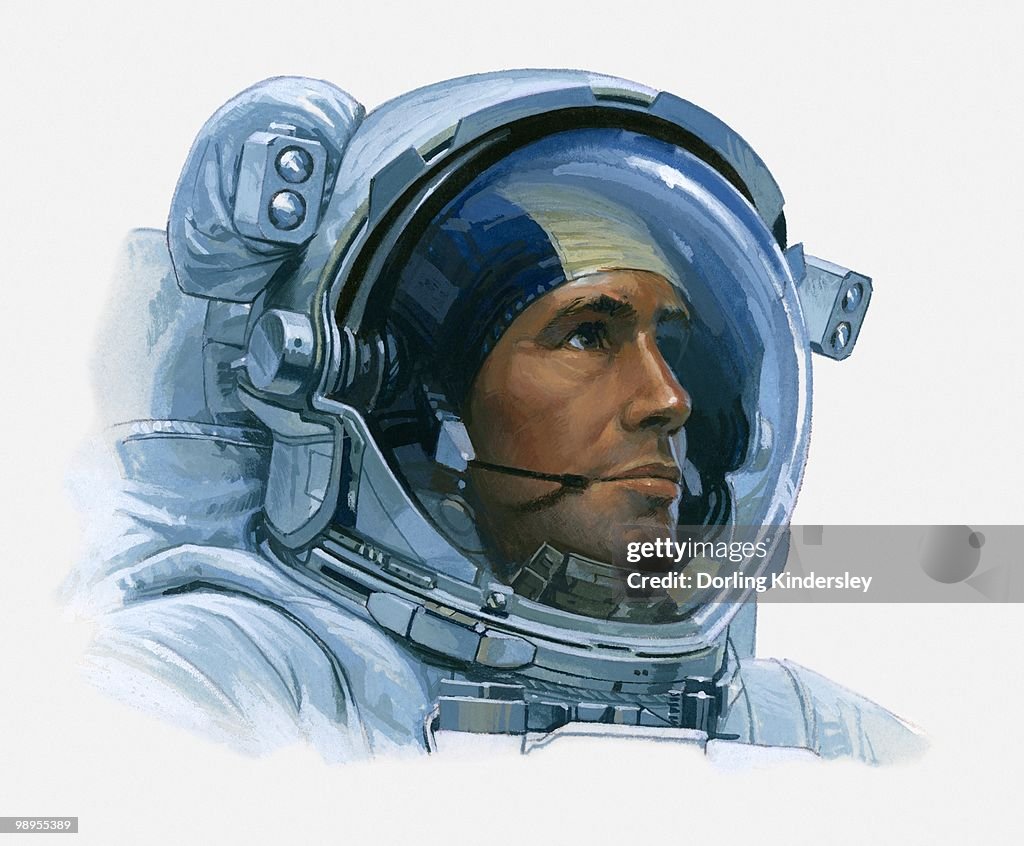 Illustration of an astronaut's head inside helmet, close-up