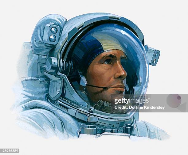 illustration of an astronaut's head inside helmet, close-up - astronaut helm stock illustrations