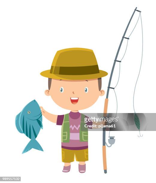 bildbanksillustrationer, clip art samt tecknat material och ikoner med liten pojke fiske - fiskeväst