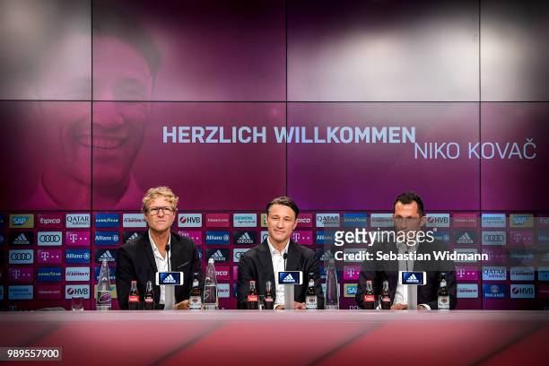 Bayern Muenchen press officer Dieter Nickles, head coach Niko Kovac and sports manager Hasan Salihamidzic look on during FC Bayern Muenchen's season...