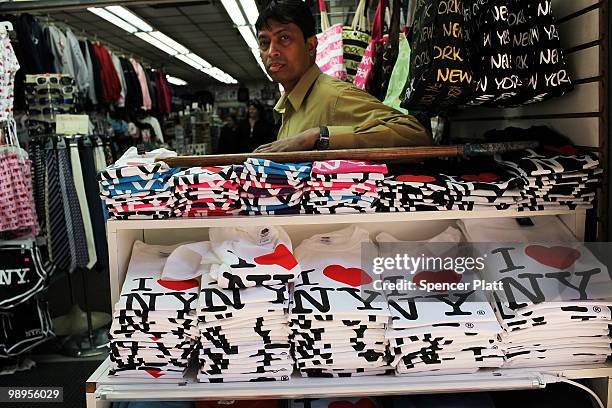 Shirts bearing the "I Love New York" logo are displayed at a store in Times Square on May 10, 2010 in New York City. As a result of a $9.2 billion...