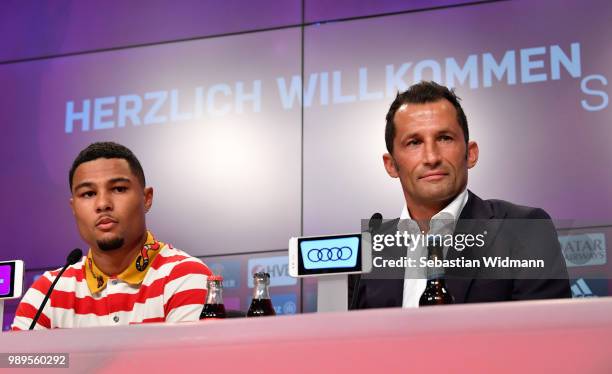 Bayern Muenchens new player Serge Gnabry talks to the media during FC Bayern Muenchen's season opening press conference at Allianz Arena on July 2,...