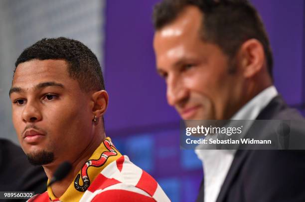 Bayern Muenchens new player Serge Gnabry talks to the media during FC Bayern Muenchen's season opening press conference at Allianz Arena on July 2,...