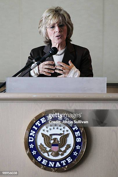 Sen. Barbara Boxer speaks during a news conference about the Wall Street reform legislation that is now on the Senate floor May 10, 2010 in San...