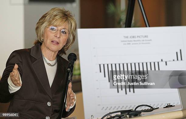 Sen. Barbara Boxer speaks during a news conference about the Wall Street reform legislation that is now on the Senate floor May 10, 2010 in San...