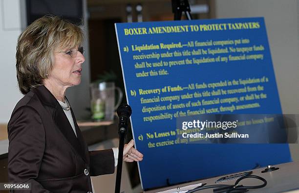 Sen. Barbara Boxer speaks during a news conference about the Wall Street reform legislation that is now on the Senate floor May 10, 2010 in San...