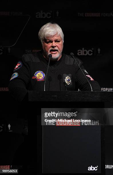 Personality and Founder of The Sea Shepherd Conservation Society Captain Paul Watson addresses the audience during the 2010 Courage Forum with Sir...