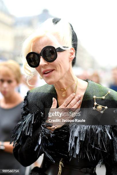 Daphne Guinness is seen at the Schiaparelli Haute Couture Fall Winter 2018/2019 Show on July 2, 2018 in Paris, France.