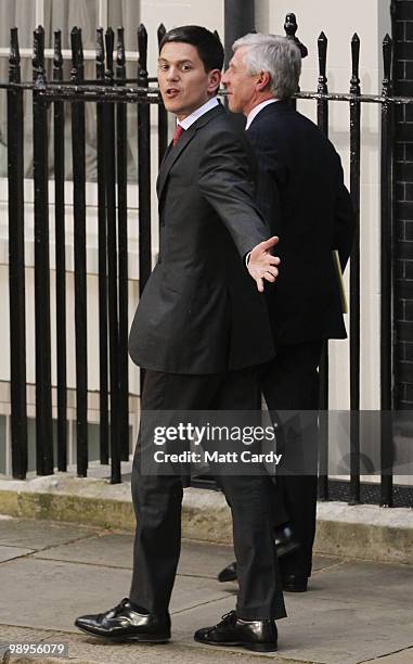 Justice Secretary Jack Straw and Foreign Secretary David Milliband leave Downing Street following a cabinet meeting on May 10, 2010 in London,...