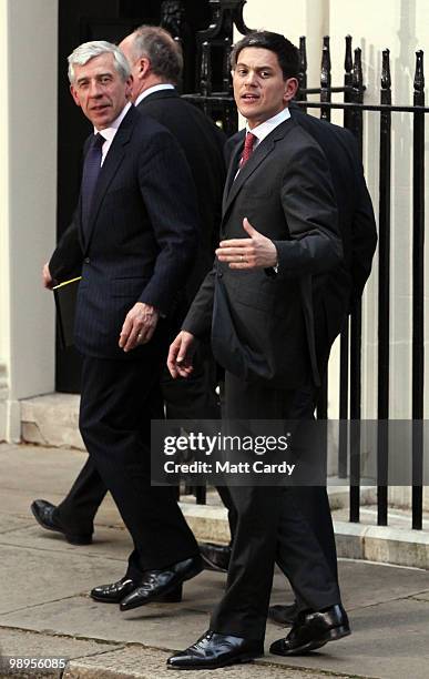 Justice Secretary Jack Straw and Foreign Secretary David Milliband leave Downing Street following a cabinet meeting on May 10, 2010 in London,...