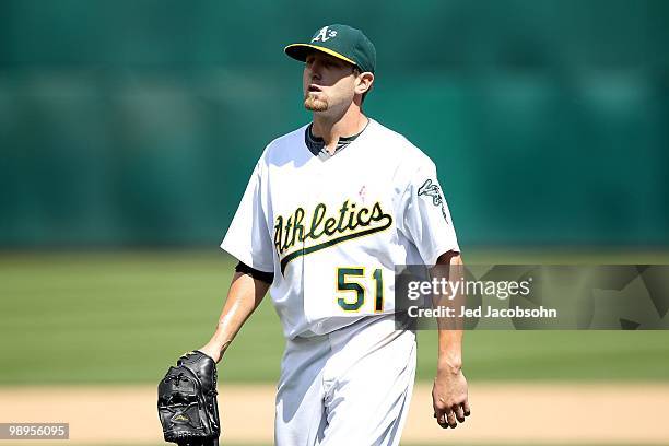 Dallas Braden of the Oakland Athletics walks off the mound at the end of an inning against the Tampa Bay Rays during an MLB game at the...