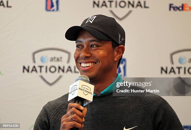 Tiger Woods addresses the media at the AT&T National Media Day at Aronimink Golf Club on May 10, 2010 in Newtown Square, Pennsylvania.