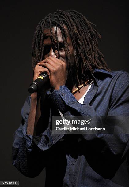 Singer and former Sudanese child soldier Emmanuel Jal addresses the audience during the 2010 Courage Forum with Sir Richard Branson & Philippe Petit...