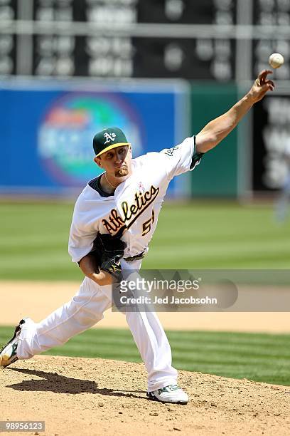 Dallas Braden of the Oakland Athletics pitches against the Tampa Bay Rays during an MLB game at the Oakland-Alameda County Coliseum on May 9, 2010 in...