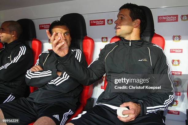 Ulf Kirsten and Michael Ballack of Schnix All Stars sit non the bench bench during the Bernd Schneider farewell match between Bayer Leverkusen and...