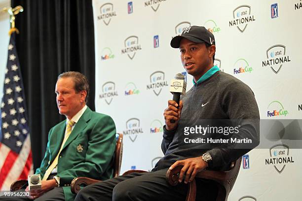 The President of Aronimink Golf Club, David M. Boucher and Tiger Woods address the media at the AT&T National Media Day at Aronimink Golf Club on May...