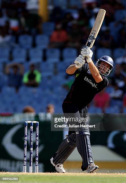 Michael Lumb of England scores runs during the ICC World Twenty20 Super Eight match between England and New Zealand played at the beausejour Cricket...