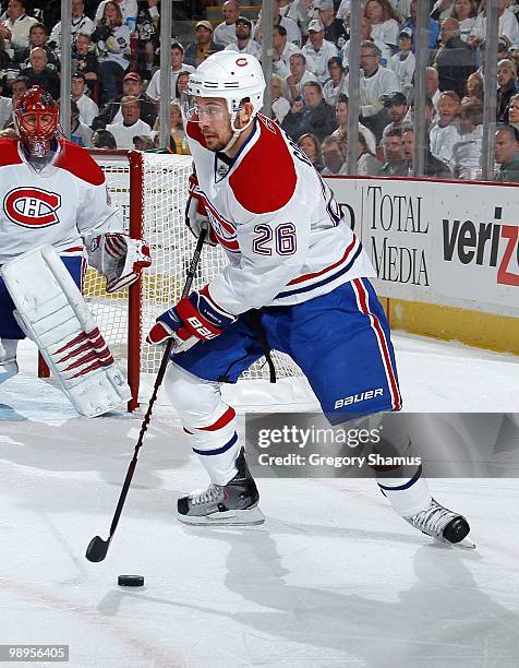 Josh Gorges of the Montreal Canadiens looks to pass against the Pittsburgh Penguins in Game Five of the Eastern Conference Semifinals during the 2010...