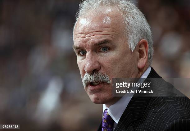Head coach Joel Quenneville of the Chicago Blackhawks looks on from the bench in Game Four of the Western Conference Semifinals against the Vancouver...