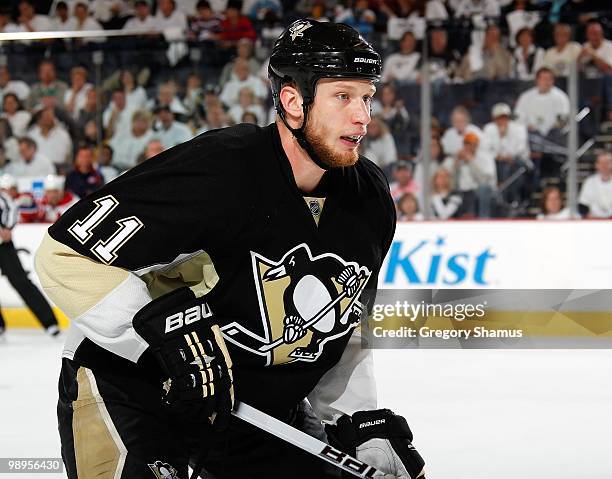 Jordan Staal of the Pittsburgh Penguins skates against the Montreal Canadiens in Game Five of the Eastern Conference Semifinals during the 2010 NHL...