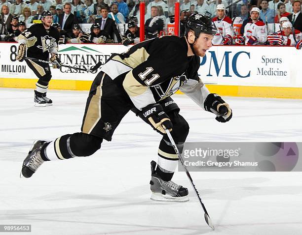 Jordan Staal of the Pittsburgh Penguins skates up ice against the Montreal Canadiens in Game Five of the Eastern Conference Semifinals during the...
