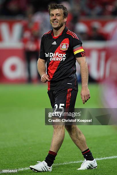 Bernd Schneider of Leverkusen smiles during the Bernd Schneider farewell match between Bayer Leverkusen and Schnix All Stars at the BayArena on May...