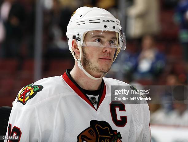 Jonathan Toews of the Chicago Blackhawks looks on from the bench in Game Four of the Western Conference Semifinals against the Vancouver Canucks...