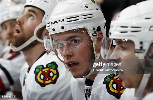Jonathan Toews of the Chicago Blackhawks looks on from the bench in Game Four of the Western Conference Semifinals against the Vancouver Canucks...