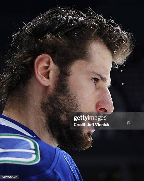 Water drips off the head of Ryan Kesler of the Vancouver Canucks in Game Four of the Western Conference Semifinals against the Chicago Blackhawks...