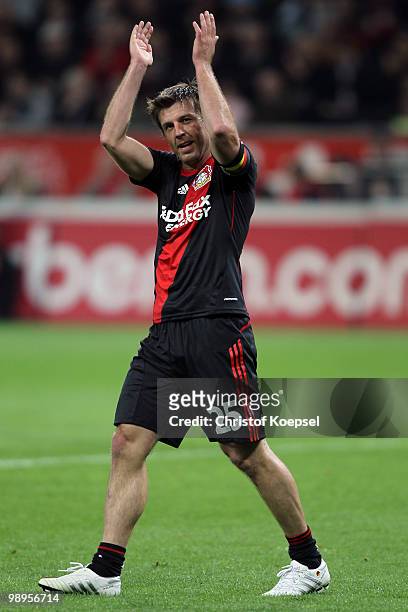 Bernd Schneider of Leverkusen celebrates a goal during the Bernd Schneider farewell match between Bayer Leverkusen and Schnix All Stars at the...