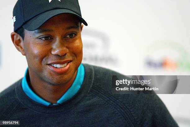 Tiger Woods addresses the media at the AT&T National Media Day at Aronimink Golf Club on May 10, 2010 in Newtown Square, Pennsylvania.