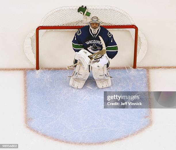 Roberto Luongo of the Vancouver Canucks stands in his crease in Game Four of the Western Conference Semifinals against the Chicago Blackhawks during...