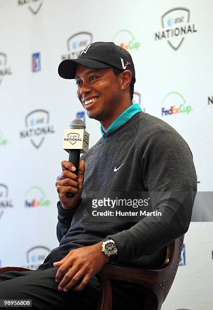 Tiger Woods addresses the media at the AT&T National Media Day at Aronimink Golf Club on May 10, 2010 in Newtown Square, Pennsylvania.