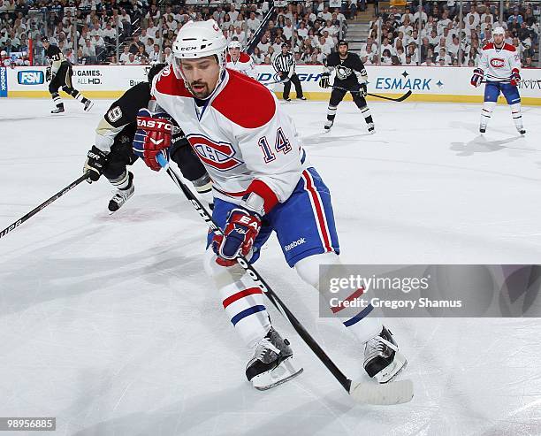 Tomas Plekanec of the Montreal Canadiens skates against the Pittsburgh Penguins in Game Five of the Eastern Conference Semifinals during the 2010 NHL...