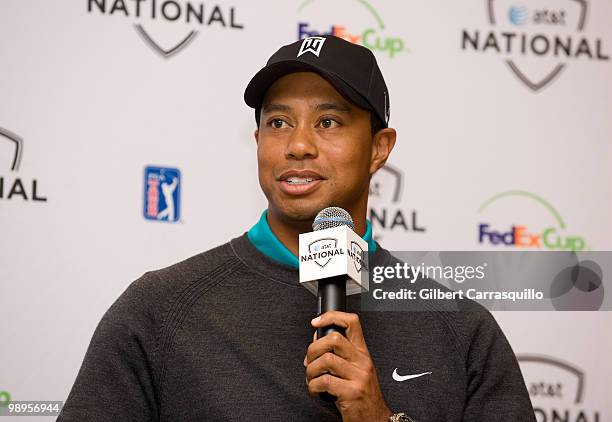 Tiger Woods discusses the upcoming AT&T National Tournament at a press conference at the Aronimink Golf Club on May 10, 2010 in Newtown, Pennsylvania.