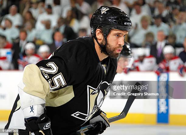 Maxime Talbot of the Pittsburgh Penguins looks on against the Montreal Canadiens in Game Five of the Eastern Conference Semifinals during the 2010...