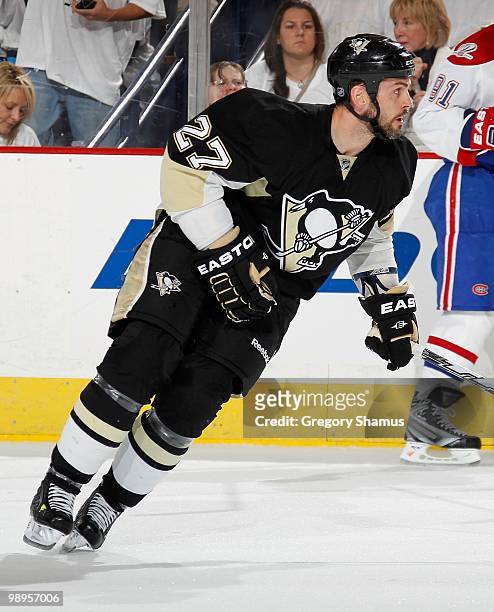 Craig Adams of the Pittsburgh Penguins skates against the Montreal Canadiens in Game Five of the Eastern Conference Semifinals during the 2010 NHL...