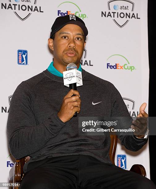 Tiger Woods discusses the upcoming AT&T National Tournament at a press conference at the Aronimink Golf Club on May 10, 2010 in Newtown, Pennsylvania.