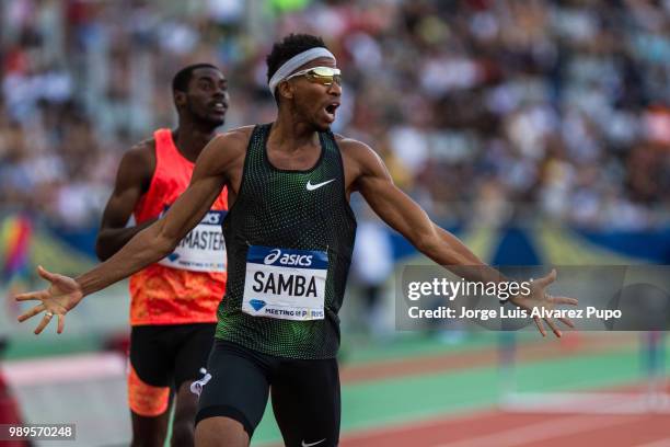 Abderrahman Samba of Qatar reacts after setting the second fasted time in history in the 400m Hurdles men of the IAAF Diamond League Meeting de Paris...