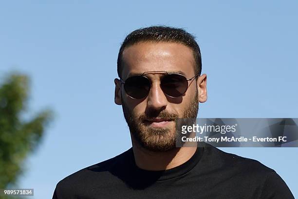 Cenk Tosun of Everton returns for training at USM Finch Farm on July 2, 2018 in Halewood, England.
