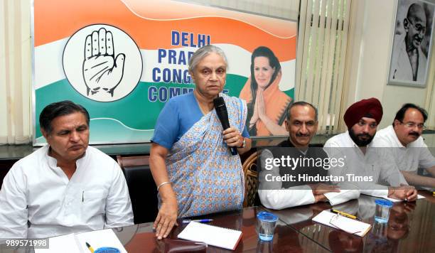 Delhi Chief Minister Sheila Dikshit addresses the office bearers meeting at Delhi Pradesh Congress Committee office on June 24, 2008 in New Delhi,...