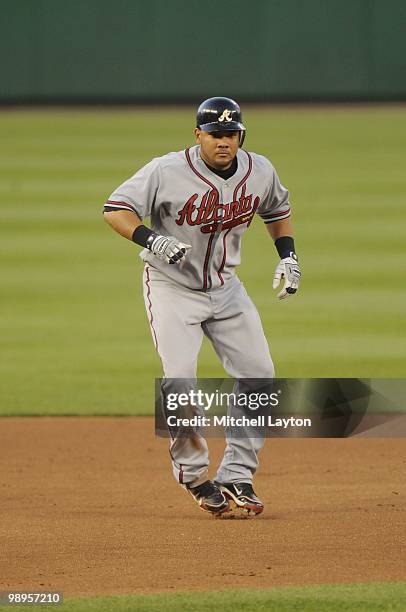 Melky Cabrera of the Atlanta Braves leads off second base during a baseball game against the Washington Nationals on May 6, 2010 at Nationals Park in...