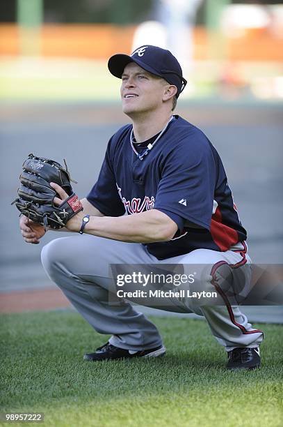 Nate McLouth of the Atlanta Braves looks on before a baseball game against the Washington Nationals on May 6, 2010 at Nationals Park in Washington,...