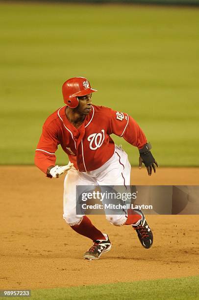 Nyjer Morgan of the Washington Nationals leads off seond base during a baseball game against the Atlanta Braves on May 6, 2010 at Nationals Park in...