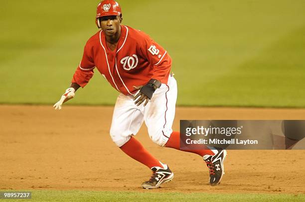 Nyjer Morgan of the Washington Nationals leads off first base during a baseball game against the Atlanta Braves on May 6, 2010 at Nationals Park in...