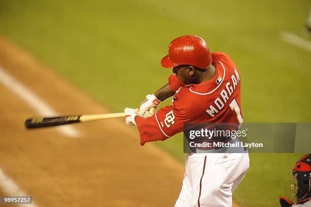 Nyjer Morgan of the Washington Nationals takes a swing during a baseball game against the Atlanta Braves on May 6, 2010 at Nationals Park in...