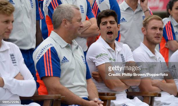 England captain Alastair Cook yawns while waiting for the team photograph before the 1st Test match between England and New Zealand at Lord's Cricket...
