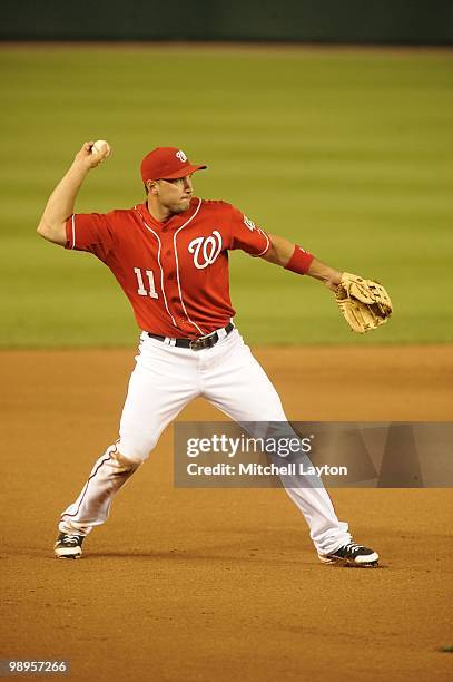 Ryan Zimmerman of the Washington Nationals fields a ground ball during a baseball game against the Atlanta Braves on May 6, 2010 at Nationals Park in...