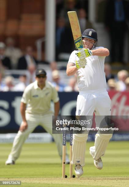 Ben Stokes of England hits out during his innings of 92 runs in the 1st Test match between England and New Zealand at Lord's Cricket Ground, London,...